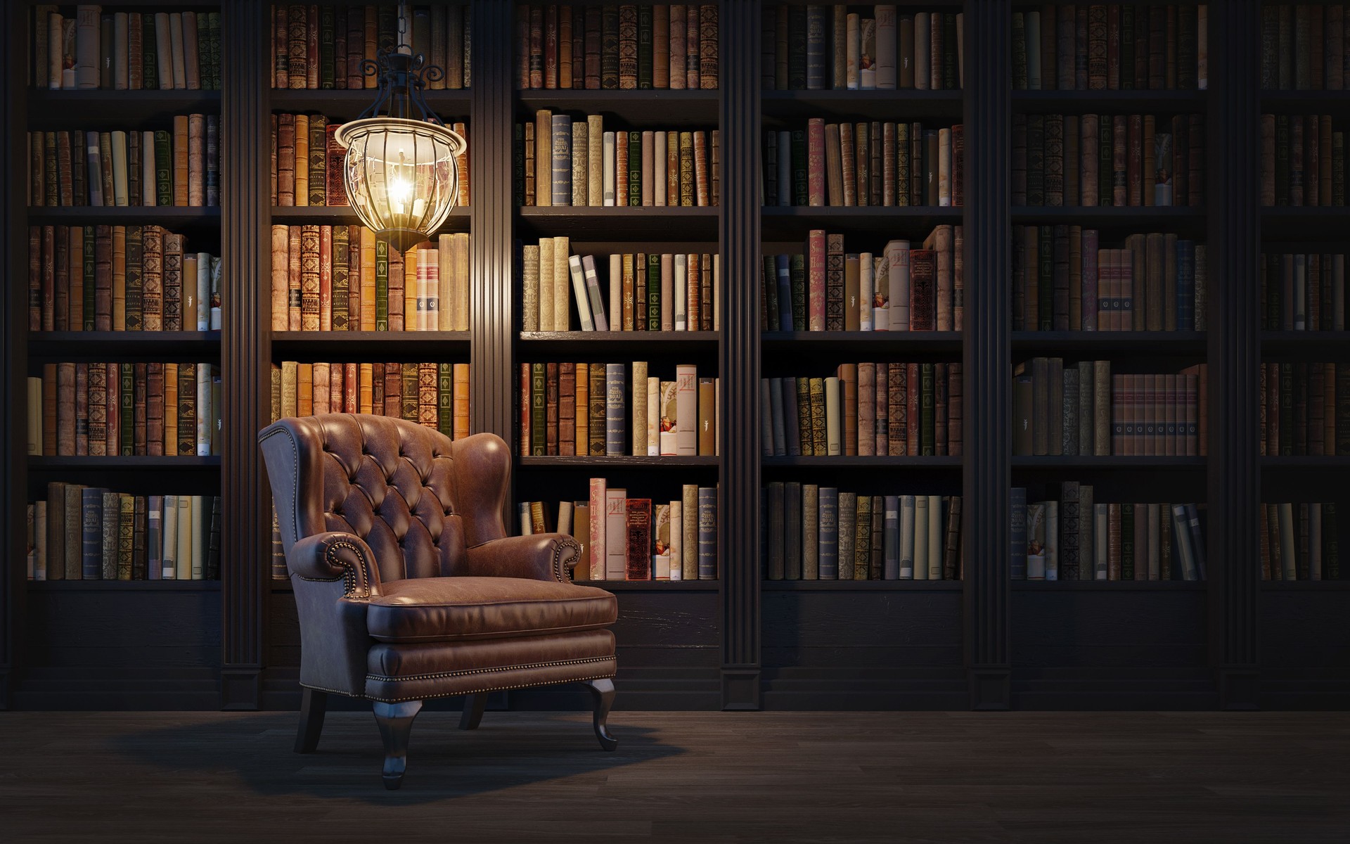 Reading room in old library or house.Vintage style leather armchair with antique lamp.Night scene room.3d rendering